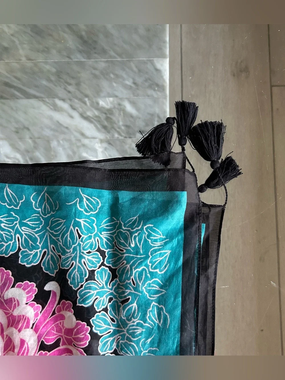 Women’s Black Floral Print Skarf with Teal & Pink Accents